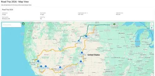 Visual road trip planner interface with multiple stops on a map