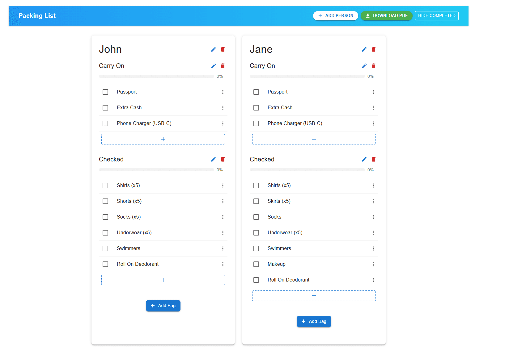 Smart packing list interface